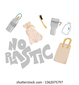 No plastic concept. Quote with eco lifestyle elements isolated on white background. Emblem with handwritten lettering and zero waste symbols set. Vector color illustration. 