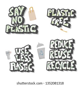 No plastic concept. Quotes with eco lifestyle elements isolated on white background. Emblem with handwritten lettering and zero waste symbols set. Vector color illustration. 