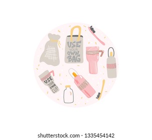 No plastic concept. Round badge with eco lifestyle elements isolated on white background. Emblem with zero waste symbols set. Vector color illustration. 