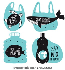 No al juego de conceptos de plástico. Tortuga marina, pescado, ballena en botella, bolsa. Protección del medio ambiente. Cero desperdicio, reciclaje, ecología. Eco stickers, tarjeta, cartel con letras. Ilustración vectorial simple plana.