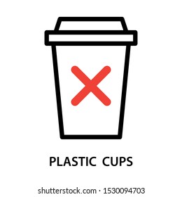 No Plastic Cups. Plastic cup with red cross sign. Stop using Plastic campaign. Line vector. Isolate on white background.