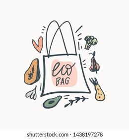 No plastic eco bag, handwritten text sign. Zero waste management concept, isolated vector illustration.