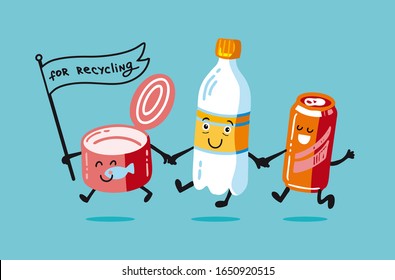 No plastic! Garbage for recycling. Vector flat illustration for World Environment Day. Zero waste. Characters tin can, plastic bottle, can are fun to recycle. Cartoon style, kawaii. design for poster