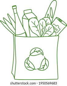 No plastic, go green, Zero waste concepts. Reduce, reuse, refuse, Reycle, Rot - ecological lifestyle. Shopping bag with grocery. Linear icons style illustration doodle drawing