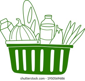 No plastic, go green, Zero waste concepts. Reduce, reuse, refuse, Reycle, Rot - ecological lifestyle. Shopping basket with grocery. Linear icons style illustration doodle drawing