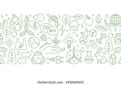 No plastic, go green, Zero waste concepts. Reduce, reuse, refuse, recycle, Rot ecological lifestyle and sustainable development. Linear icons style illustration seamless pattern border doodle drawing.