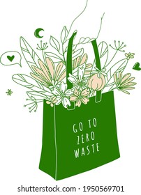 No plastic, go green, Zero waste concepts. Reduce, reuse, refuse, Reycle, Rot - ecological lifestyle. Hand holding cotton shopping bag with flowers. Linear icons style illustration doodle drawing