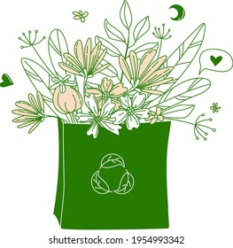 No plastic, go green, Zero waste concepts. Reduce, reuse, refuse, Reycle, Rot - ecological lifestyle. Shopping bag with flowers. Linear icons style illustration doodle drawing