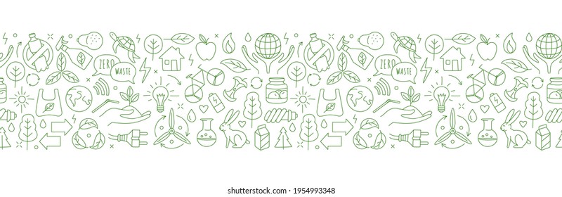 No plastic, go green, Zero waste concepts. Reduce, reuse, refuse, Reycle, Rot ecological lifestyle and sustainable development. Linear icons style illustration seamless pattern border doodle drawing.