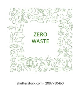 No plastic, go green, Zero waste concepts. Reduce, reuse, refuse, recycle, Rot ecological lifestyle and sustainable development. Linear icons style illustration pattern frame border doodle drawing.