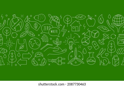 No plastic, go green, Zero waste concepts. Reduce, reuse, refuse, recycle, Rot ecological lifestyle and sustainable development. Linear icons style illustration seamless pattern border doodle drawing.