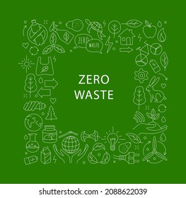 No plastic, go green, Zero waste concepts. Reduce, reuse, refuse, recycle, Rot ecological lifestyle and sustainable development. Linear icons style illustration pattern frame border doodle drawing.