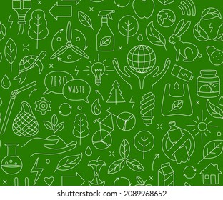 No plastic, go green, Zero waste concepts. Reduce, reuse, refuse, recycle, Rot - ecological lifestyle and sustainable development. Linear icons style illustration seamless pattern doodle drawing.