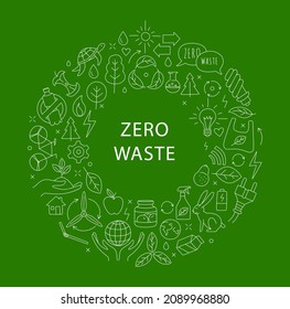 No plastic, go green, Zero waste concepts. Reduce, reuse, refuse, recycle, Rot ecological lifestyle and sustainable development. Linear icons style illustration pattern frame border doodle drawing.