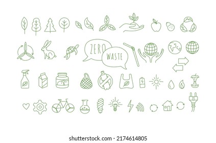 Sin plástico, verde, basura cero. Reducir, reutilizar, rechazar, reciclar, Rot estilo de vida ecológico y mantener el desarrollo. Conjunto de doodles de ilustraciones de estilos de iconos de línea. Concepto sostenible