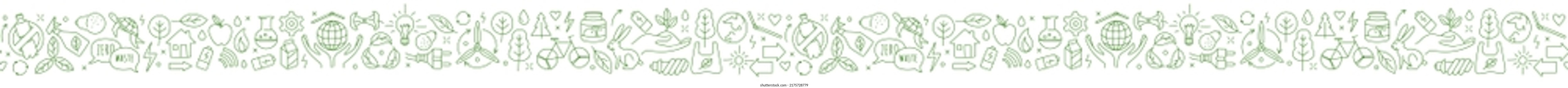 No plastic, go green, Zero waste. Reduce, reuse, refuse, Reycle, Rot ecological lifestyle and sustain development. Line icons style illustration seamless pattern border doodle. Sustainable concept