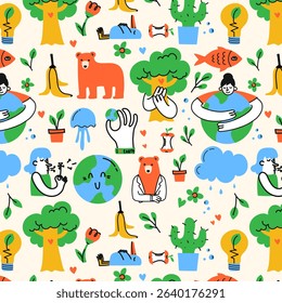 No plastic, go green, Zero waste concepts. Doodle icons style illustration seamless pattern border doodle drawing.