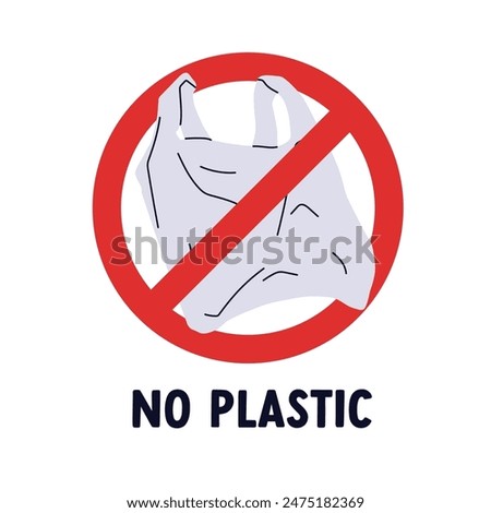No plastic icon, stop sign, red round symbol with forbidden banned shopping bag. Trash and garbage pollution, eco warning. Ecology label. Flat vector illustration isolated on white background