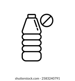 no plastic line icon, Plastic bottle with a circle and a diagonal line through it. Suitable for promoting ecofriendly initiatives, recycling programs, and sustainability campaigns.