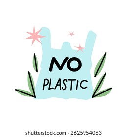 No plastic. Packet or packaging with text and green leaves. Stop cellophane pollution. Label, emblem or sticker design. Eco friendly. Vector cartoon flat style isolated illustration