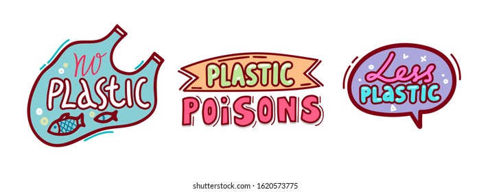 No Plastic Poisons Badges Set Isolated on White Background. Motivational Phrase with Doodle Hand Drawn Lettering. Simple Style Icons, Labels for Ecological Package Design. Vector Illustration