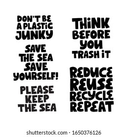 No plastic pollution hand drawn vector letterings set. Environment and ecology protection saying. Zero waste campaign handwritten slogan. Save sea quote for t shirt print design