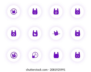 no plastic purple color vector icons on light round buttons with purple shadow. no plastic icon set for web, mobile apps, ui design and print