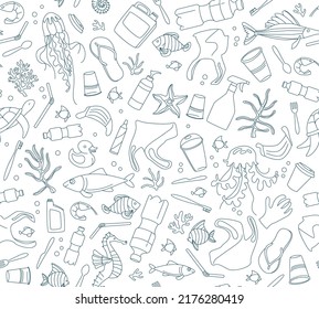 No plastic, save the Planet, Zero waste. Seave the Ocean, ecological problem and sustain development. Line icons style illustration seamless pattern doodle. Sustainable concept