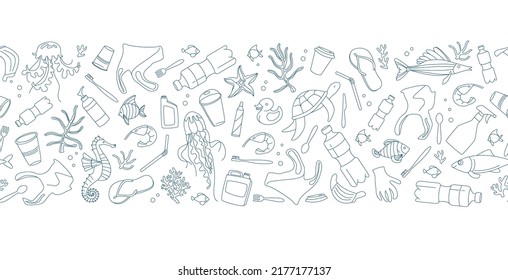 No plastic, save the Planet, Zero waste. Seave the Ocean, ecological problem and sustain development. Line icons style illustration seamless pattern doodle. Sustainable concept border, frame