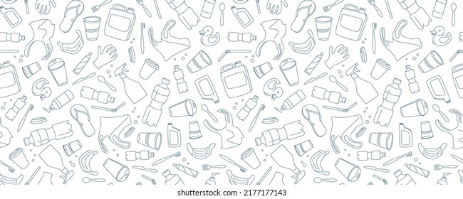 No plastic, save the Planet, Zero waste. Seave the Ocean, ecological problem and sustain development. Line icons style illustration seamless pattern doodle. Sustainable concept