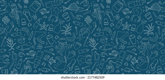 No plastic, save the Planet, Zero waste. Seave the Ocean, ecological problem and sustain development. Line icons style illustration seamless pattern doodle. Sustainable concept