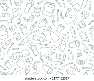 No plastic, save the Planet, Zero waste. Seave the Ocean, ecological problem and sustain development. Line icons style illustration seamless pattern doodle. Sustainable concept