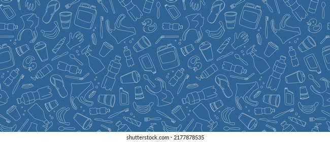 No plastic, save the Planet, Zero waste. Seave the Ocean, ecological problem and sustain development. Line icons style illustration seamless pattern doodle. Sustainable concept