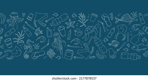 No plastic, save the Planet, Zero waste. Seave the Ocean, ecological problem and sustain development. Line icons style illustration seamless pattern doodle. Sustainable concept border, frame