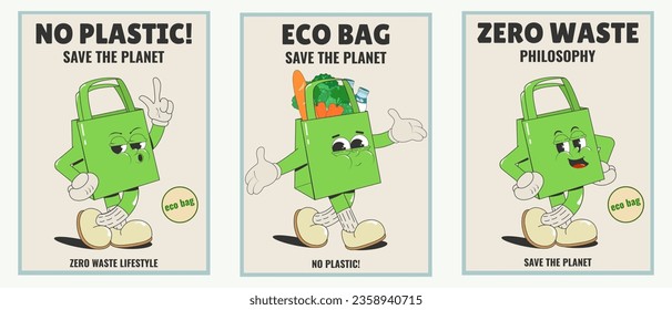 No plastic. A set of posters with groovy character eco bag in cartoon retro style. Concept philosophy zero waste, save the planet, environmentally friendly lifestyle. Vector illustration.