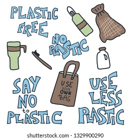 No plastic set of quotes with eco lifestyle elements isolated on white background. Handwritten phrases and zero waste symbols set in doodle style. Vector color illustration. 