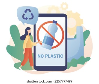 No plastic sign on smartphone screen. Reduce pollution. Environmental concept. Tiny people against plastic garbage. Modern flat cartoon style. Vector illustration on white background
