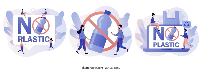 Sin signo de plástico. Protesta contra la basura plástica. Reducir la contaminación. Concepto ambiental. Estilo moderno de dibujos animados planos. Ilustración del vector sobre fondo blanco