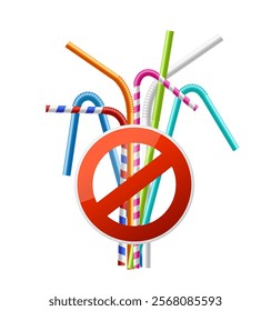 No Plastic Sign with Realistic Detailed 3d Flexible Straw for Drink Forbiddance Concept Isolated on White Background. Vector illustration