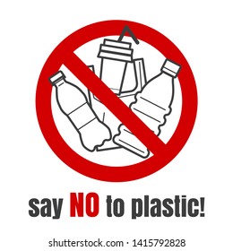 No plastic sign. Say no plastic bags and bottles emblem, stop plastics waste pollution vector icon, saving nature symbol design on white