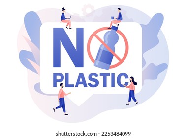 Sin signo de plástico. Pequeñas personas protestan contra la basura de plástico. Reducir la contaminación. Concepto ambiental. Estilo moderno de dibujos animados planos. Ilustración del vector sobre fondo blanco