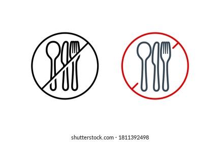 No hay ningún icono de plástico de vajilla. Dile no a la horquilla de plástico y a la cuchara. Detengan la contaminación de plástico para salvar el medio ambiente y la ecología. Vector de fondo blanco aislado. EPS 10