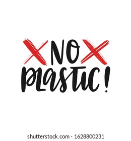 No Plastic typography poster. Plastic free product sign for labels, stickers, tags, badges. Stop ocean pollution lettering concept.