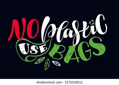 No plastic, use bags - cute hand drawn doodle lettering poster. Eco-friendly postcard