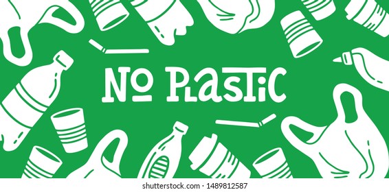 No plastic! Vector flat illustration for World Environment Day. Lettering Nature with garbage - plastic bag, glass, straw, bottle, canisters. Harm to nature. Design for banner, poster, postcard, web