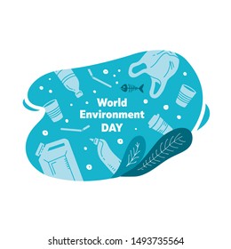 No plastic! Vector flat illustration for World Environment Day. Lettering in sea with garbage - in water are plastic bag, glass, straw, bottle, canisters. Harm to nature. design for banner, website