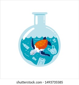 No plastic! Vector flat illustration for World Environment Day. A sea turtle swims in test tube with garbage - in sea are plastic bag, glass, straw, bottle, canisters. Harm to nature. Banner Design