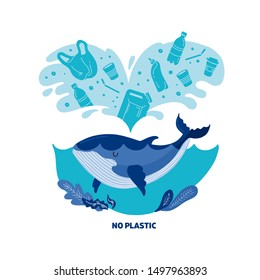 No plastic! Vector flat illustration for World Environment Day. A whale swims in sea with garbage - in water are plastic bag, glass, straw, bottle, canisters. Template Harm to nature.