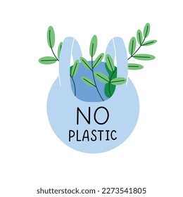No hay plástico, ilustración vectorial con un globo en un paquete. Proteger el medio ambiente.