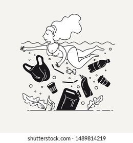 No plastic! Vector linear illustration for World Environment Day. Woman swims in sea with garbage - in water are plastic bag, glass, straw, bottle, canister. Harm to nature. Contour design poster